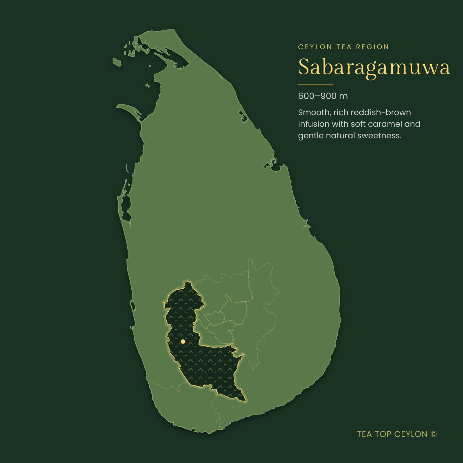 Map of Sri Lanka highlighting the Sabaragamuwa tea region where Ginger Black is grown