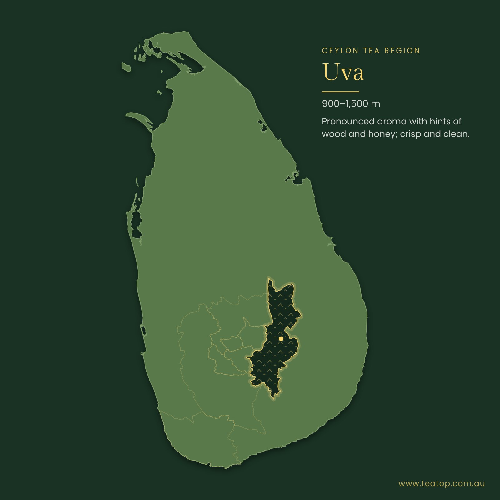 Map of Sri Lanka highlighting the Uva tea region where Orange Pekoe Tea is grown