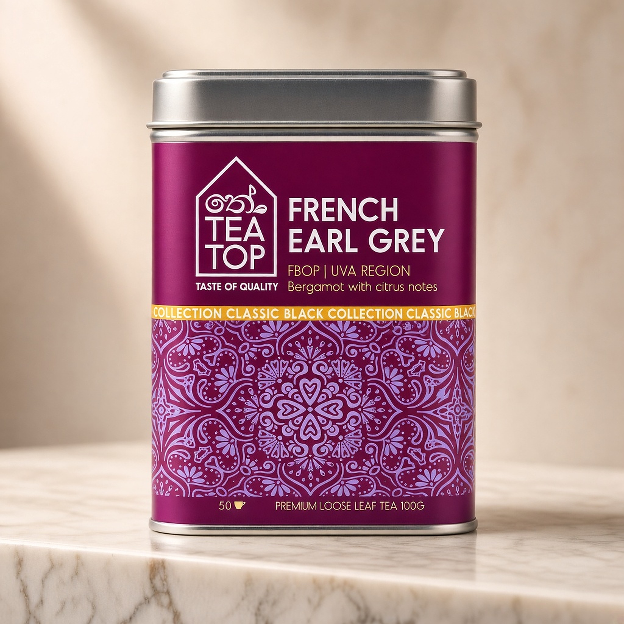 TEA TOP French Earl Grey tin — Kandy BOP1 loose leaf with bergamot and petals